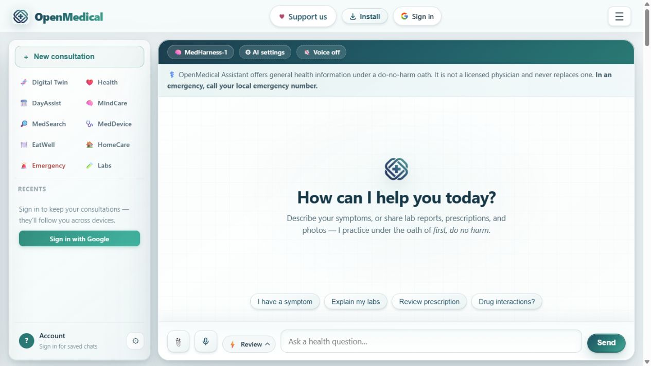Actual OpenMedical assistant interface with conversation, model and input tools