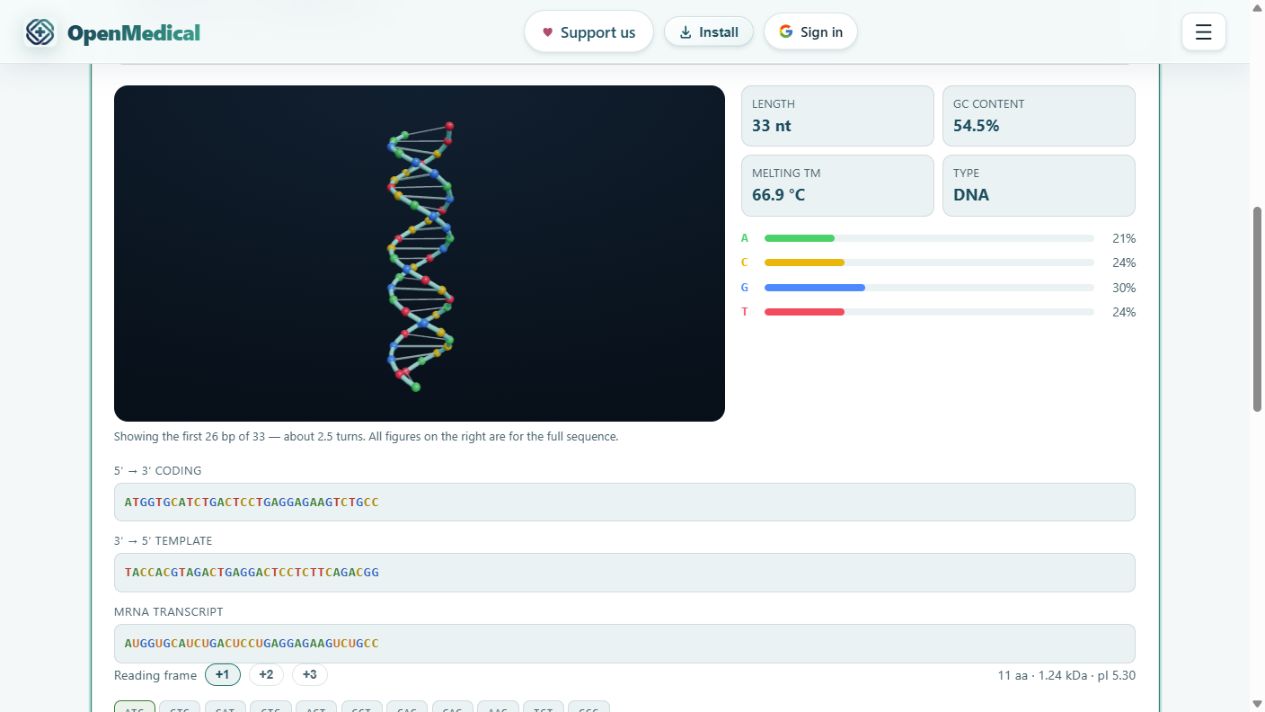 Actual OpenMedical DNA and RNA lab with its molecular viewer and sequence tools