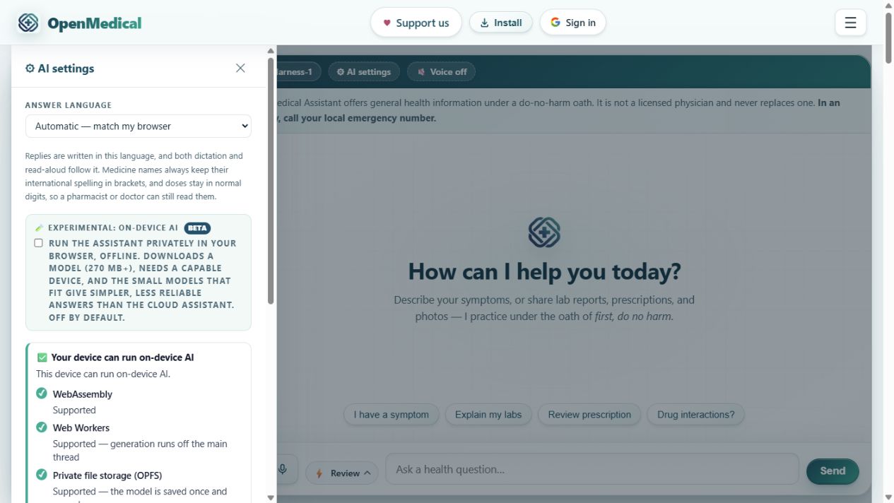 OpenMedical model selection and local runtime controls in the actual assistant